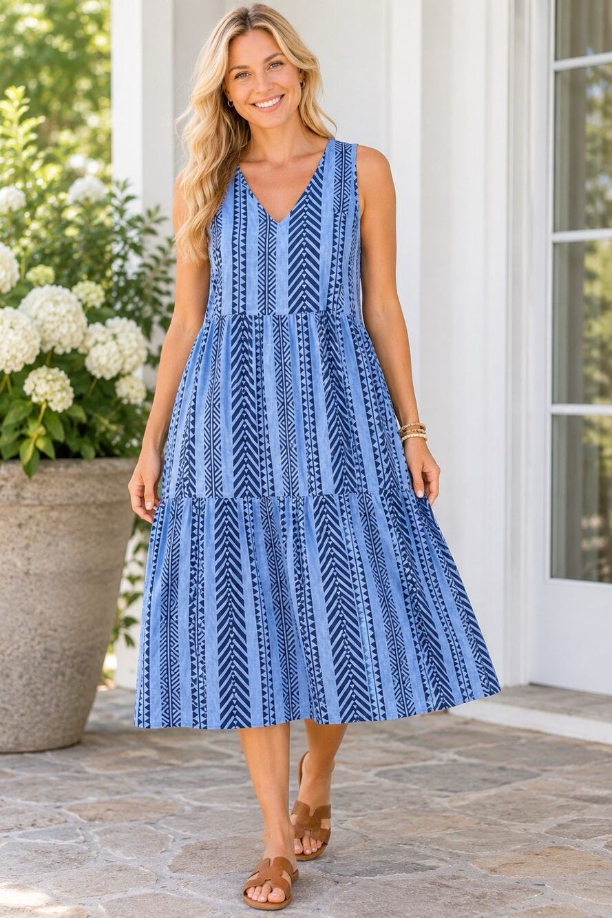 Bellambia Linen Dress XL Tiered Blue Stripe Made in Italy Coastal Breathable